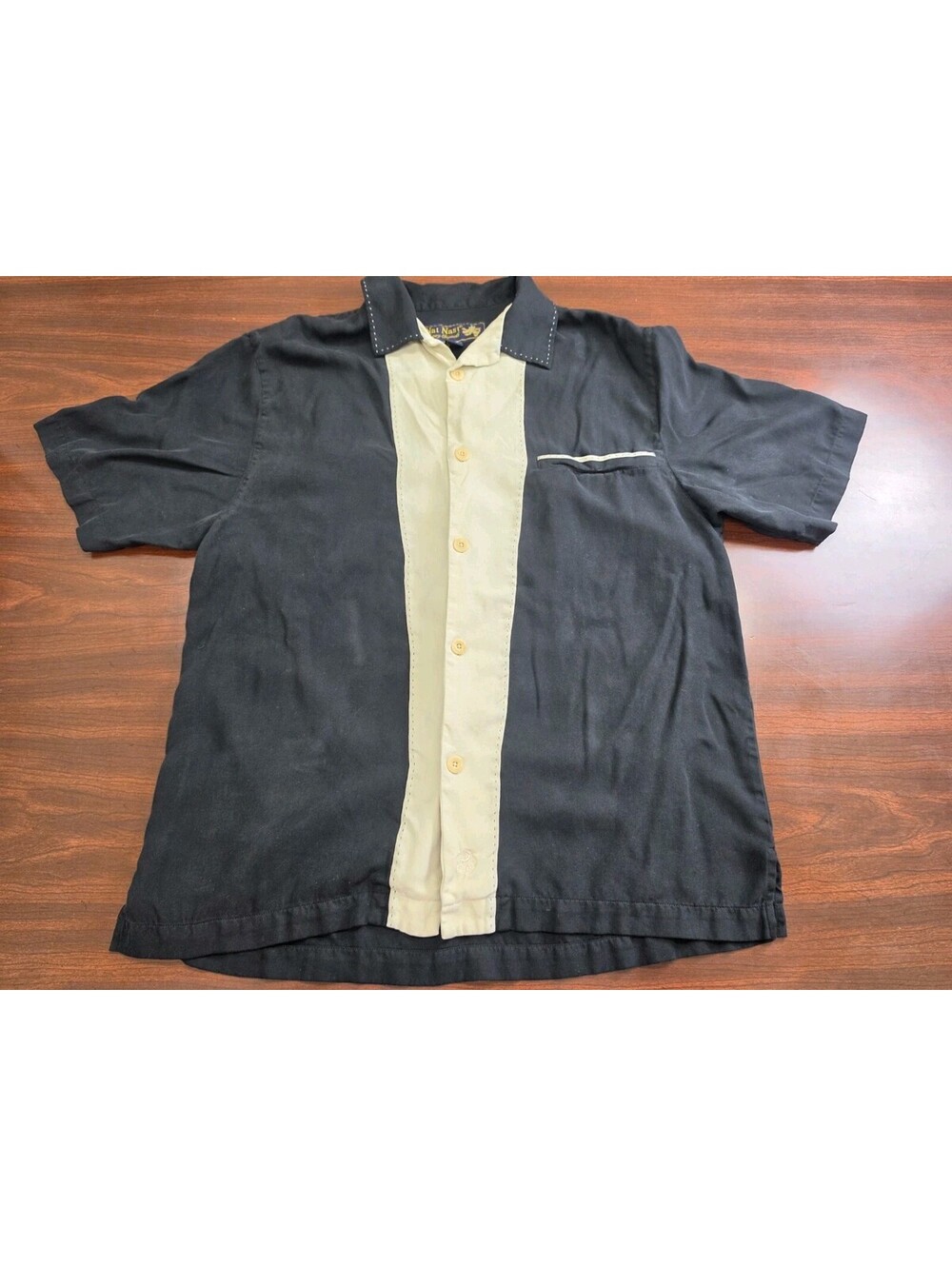 Nat Nast Luxury Originals 100% Silk Mens Bowling Shirt Small Black Cream